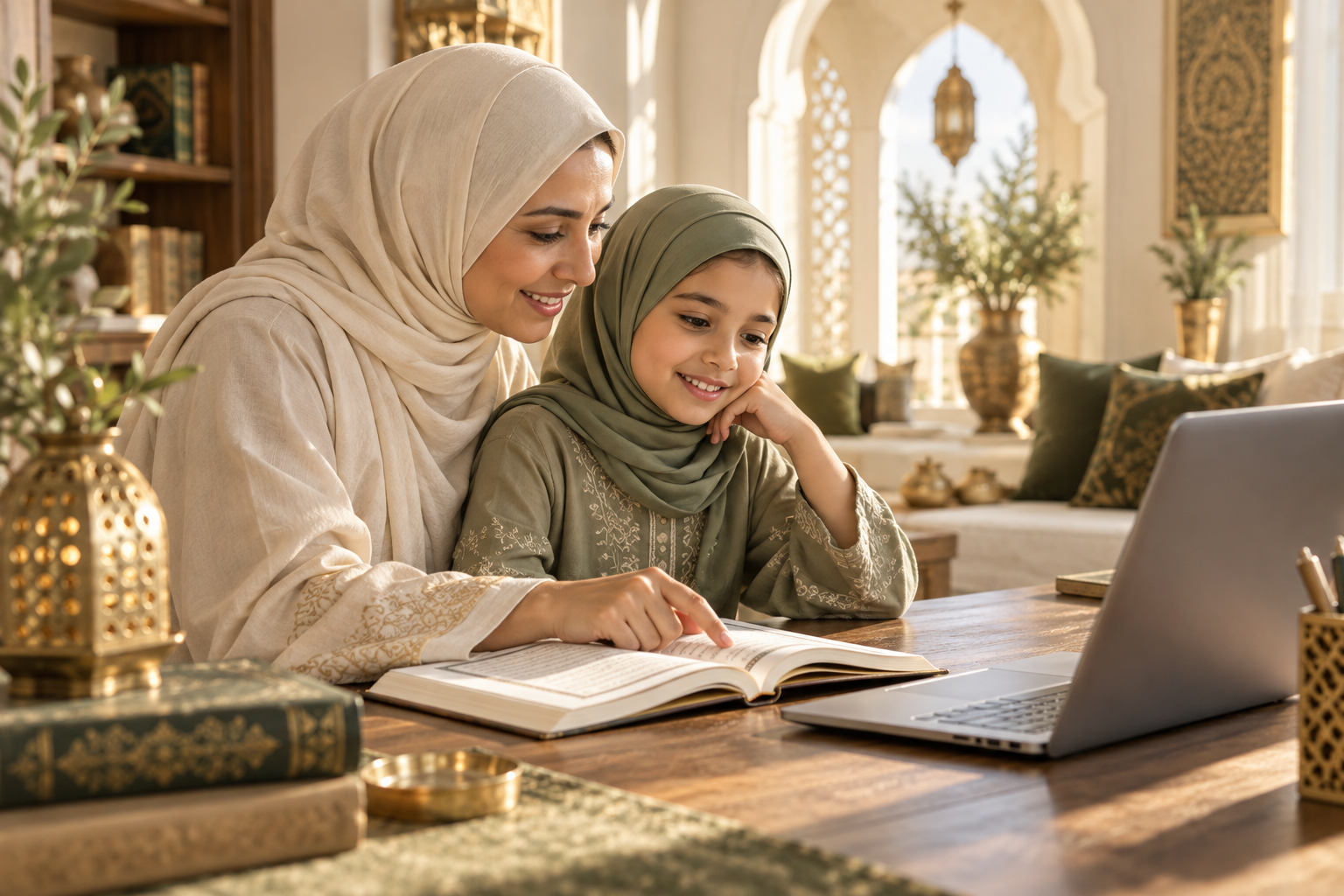 صورة توضيحية لأم تساند ابنتها أثناء التعلم أونلاين